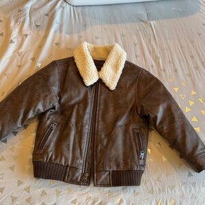 Kids Brown Faux Leather Jacket with off white Sherpa Collar
